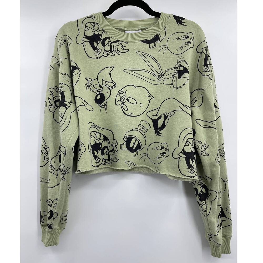 Looney Tunes Womens Bugs Bunny Daffy Duck Green Cropped Sweater Medium